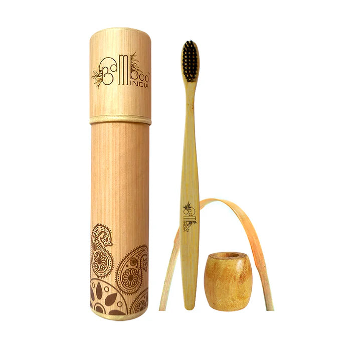 Bamboo Toothbrush Charcoal Adult - Soft with Tongue Cleaner & Holder