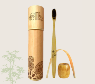 Bamboo Toothbrush Charcoal Adult - Soft with Tongue Cleaner & Holder